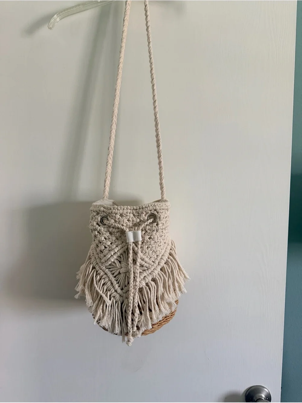 American Eagle Macramé Fringe Woven Bucket Shoulder Bag Boho
